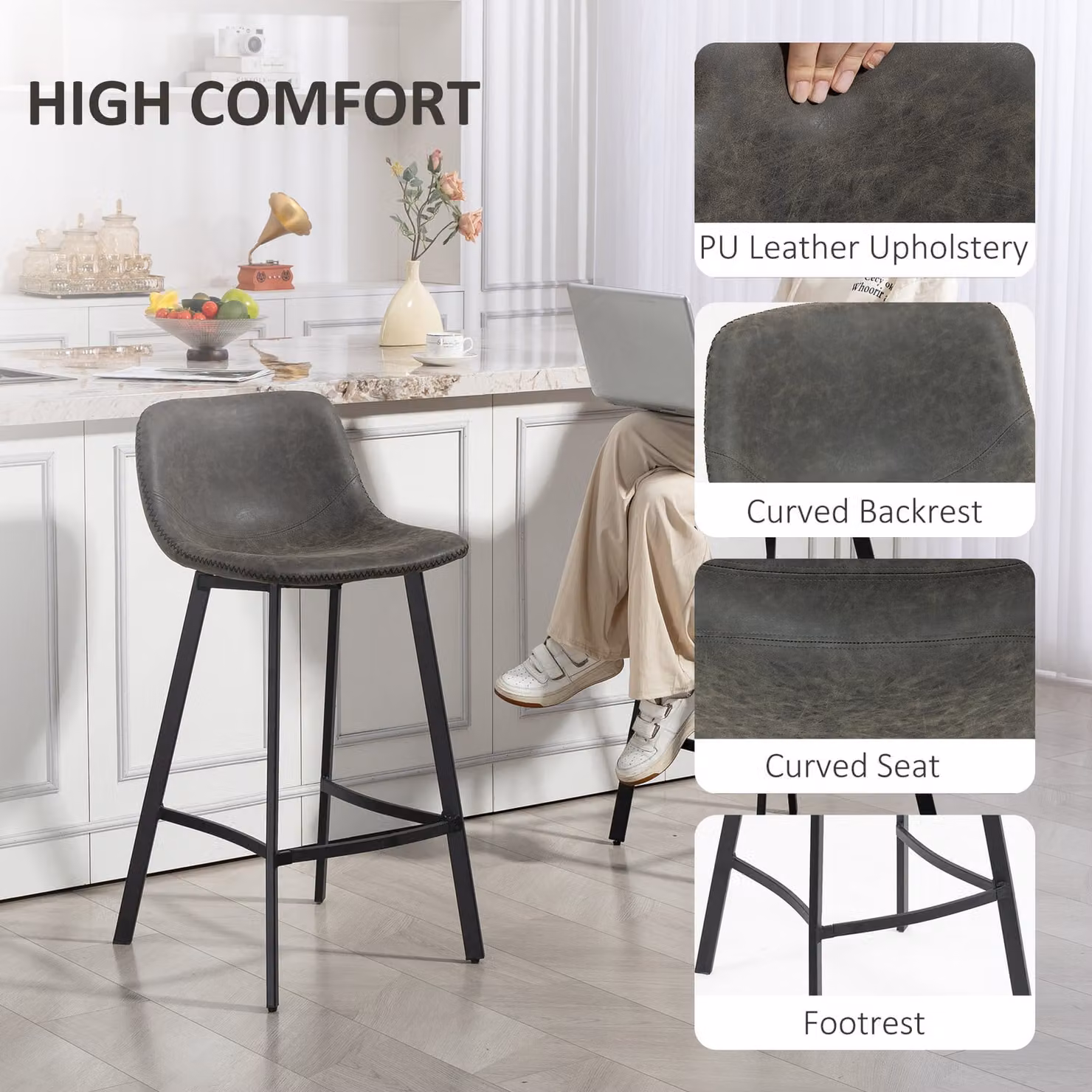 HOMCOM Set of 2 Grey PU Leather Bar Stools with Backrest and Footrest – 4