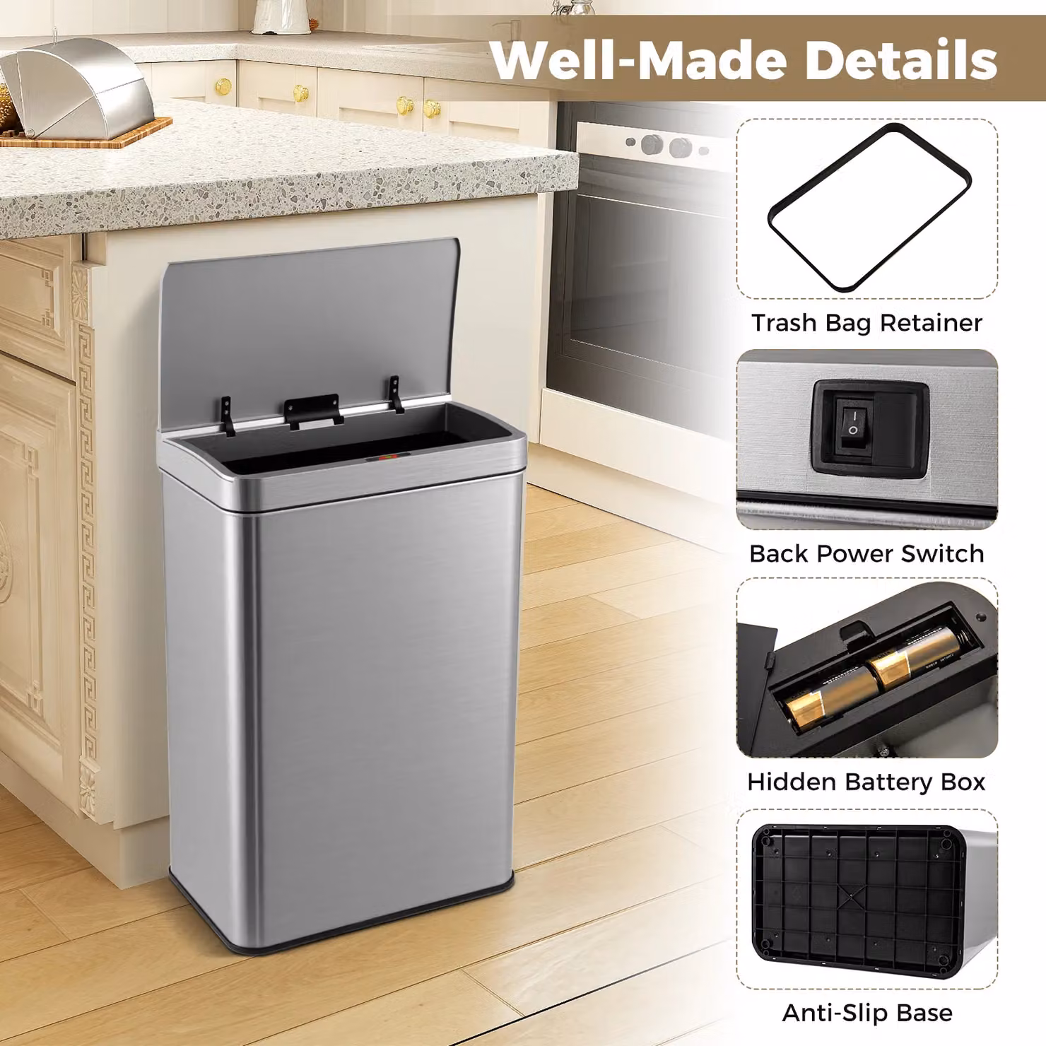 Gymax 60L Automatic Motion Sensor Trash Can with Lid in Metallic Silver – 7