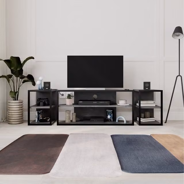 Decortie Echo Modern TV Unit and 2 Side Unit Set with Metal Frame in Mid Grey – 1