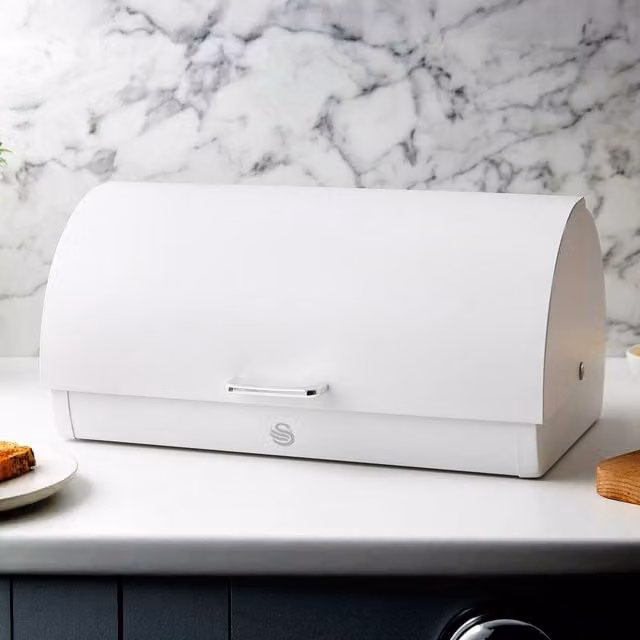 Swan Serenity Bread Bin with Roll Front and Ventilated Design in White