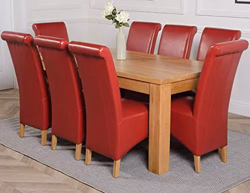 Thats Furniture Dakota Oak Dining Table and 8 Montana Burgundy Leather Chairs Set, W/D/H: 182 x 92 x 77 cm