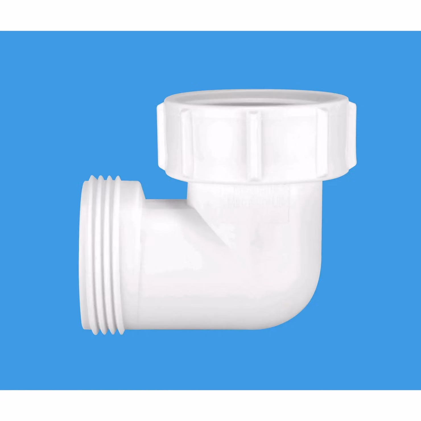 McAlpine 1.25 inch 90 degree Plastic Bend with Female Inlet Nut and BSP Male Connector in White – 2