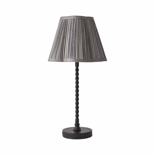 ValueLights Maeve Black Bobbin Table Lamp with Dark Grey Pleated Faux Silk Scallop Shade and LED Bulb Included