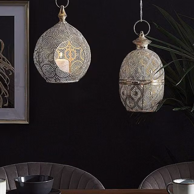 Wyld and Coco Distressed Gold Openwork Metal and Glass Lantern with Tealight Holder, Height: 33 cm – 1