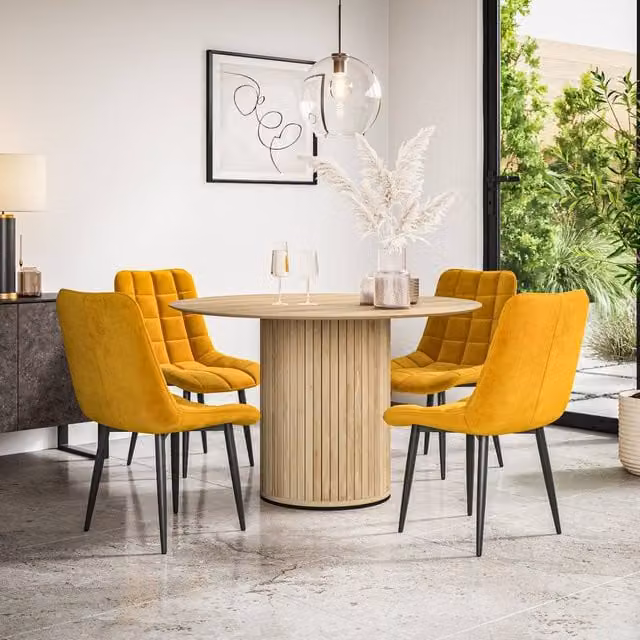 More4Homes Arlo Oak Round Dining Table and Nova Yellow Velvet Dining Chairs Set of 6