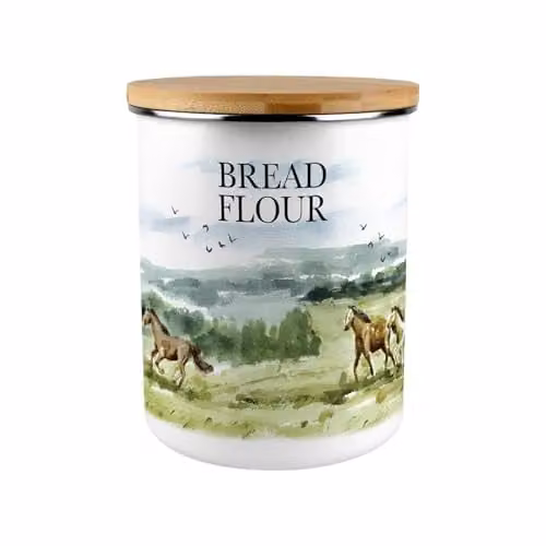 Purely Home Wild Horses Bread Flour Canister, 2.7 l, Green and White Enamel Airtight Kitchen Storage Container