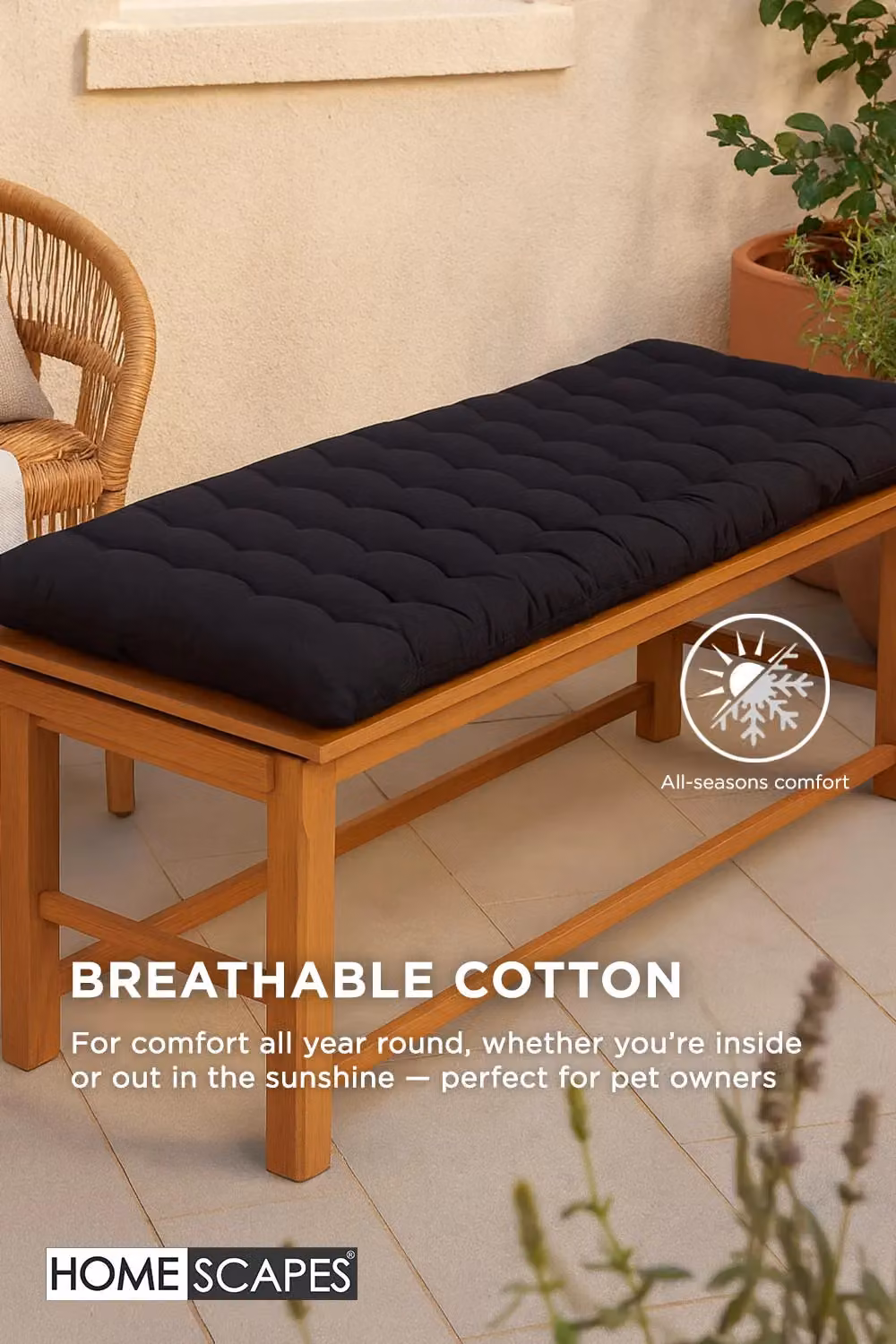 Homescapes Black 3 Seater Garden Bench Cushion, W: 143 cm, D: 48 cm, Cotton – 4