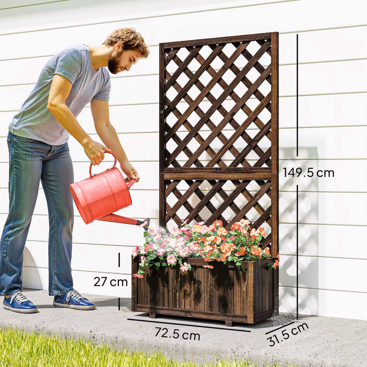 Outsunny Brown Wooden Pine Trough Planter with Trellis for Climbing Plants and Flowers, W: 149.5 cm, D: 31.5 cm, H: 72.5 cm – 3