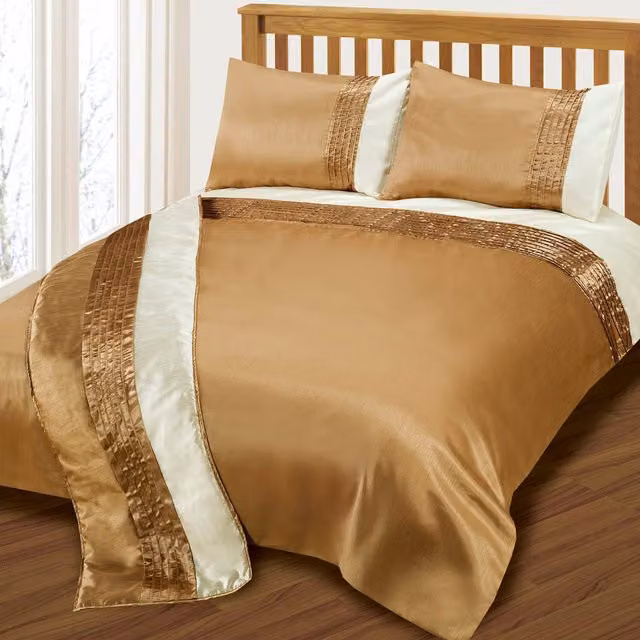 Intimates Perez Satin Pleated Faux Silk Duvet Cover and Pillowcase Set in Beige and Gold, Single