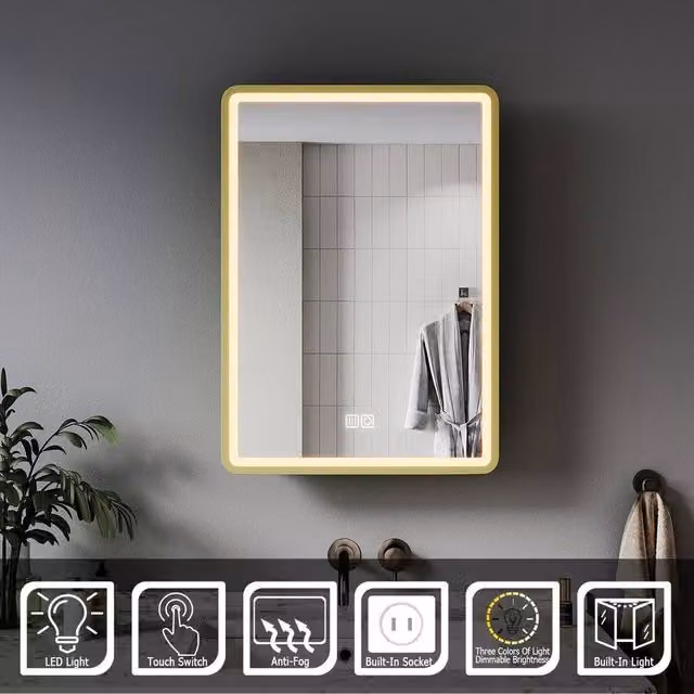 PAWNORA Modern Wall Mounted LED Bathroom Mirror Cabinet with Glass Hinged Doors and Anti-Fog Function in Yellow