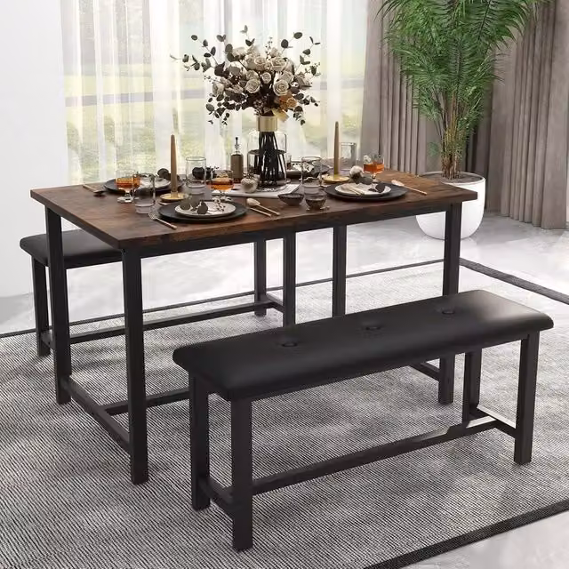 London Boutique 3-Piece Dining Set with Rectangular Table and 2 Upholstered Benches in Brown, W/D/H: 136 x 70 x 75 cm