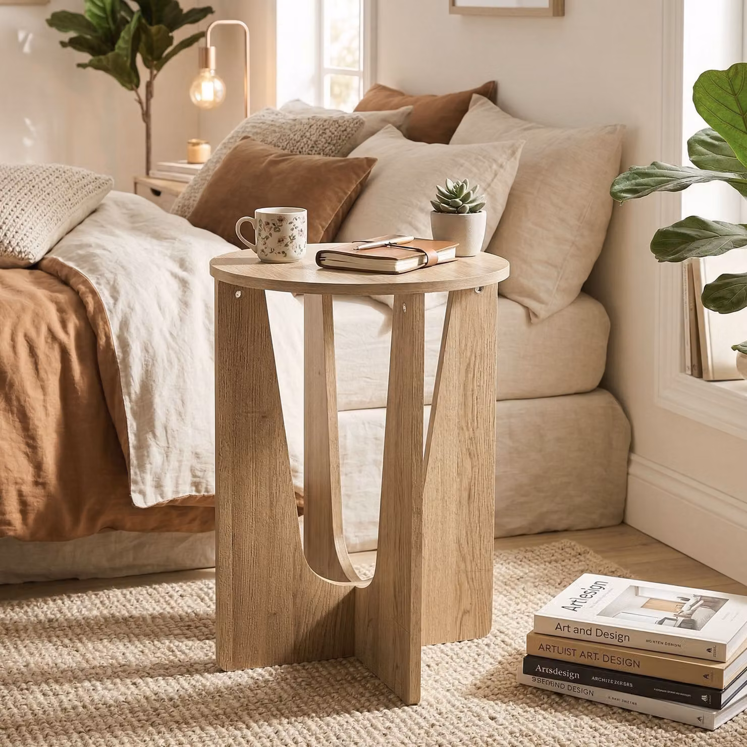 HOMCOM Round Compact Side Table with Curved Legs in Brown Coffee Wood Effect, W: 38 cm, D: 38 cm, H: 57 cm – 7