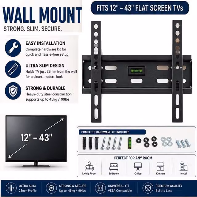 ATEK Fixed TV Wall Mount Bracket for 12-43 Inch Screens, Black Steel, Max 40kg, VESA 200 x 200mm