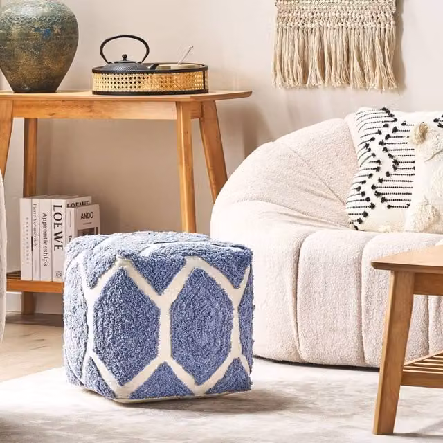 Wyld and Coco Cotton Geometric Knitted Cube Pouffe in Beige and Blue, W/D/H: 40 x 40 x 40 cm