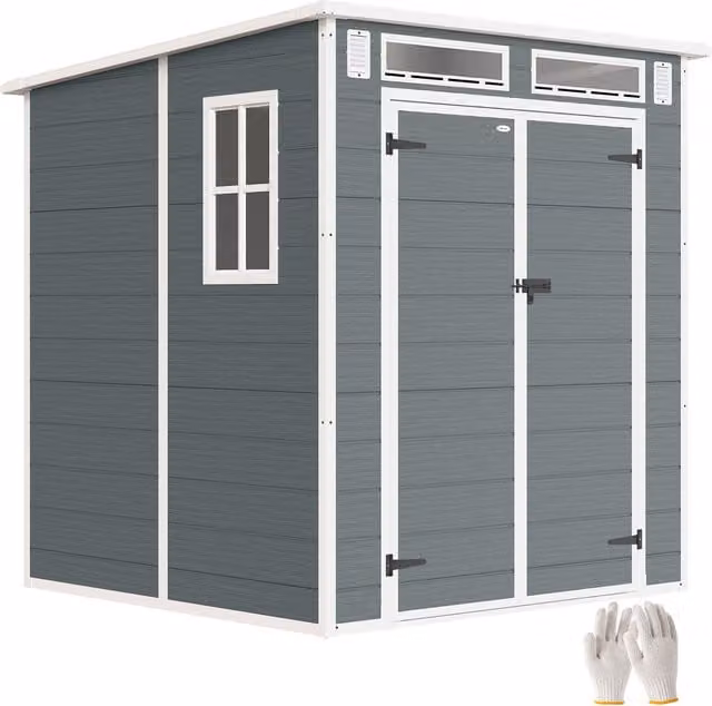 Outsunny Grey Plastic Pent Garden Shed with Floor, Window and Lockable Double Doors