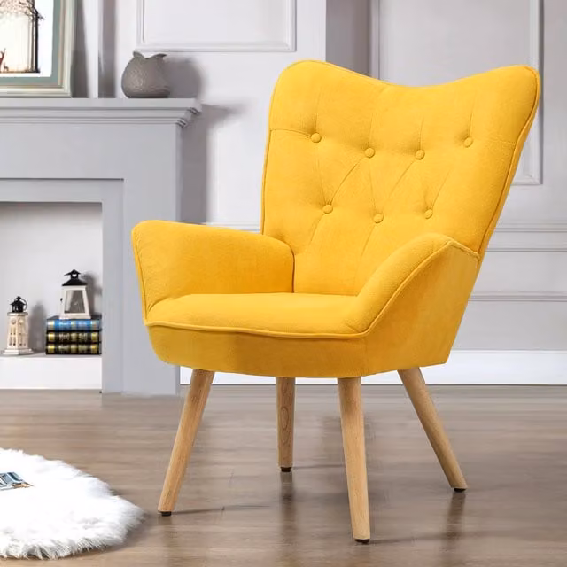 Livingandhome Mid-Century Yellow Tufted Upholstered Tub Armchair with Wooden Legs