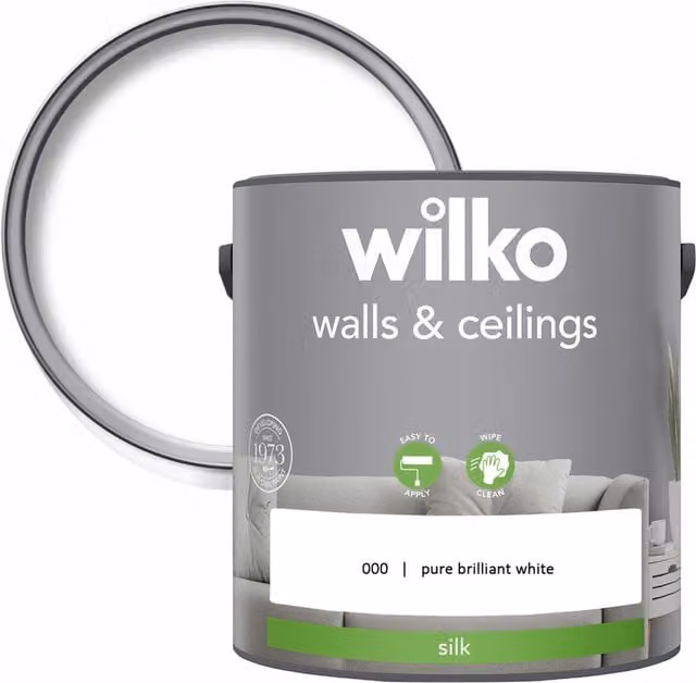 wilko Walls and Ceilings Silk Emulsion Paint, White, 2.5 l