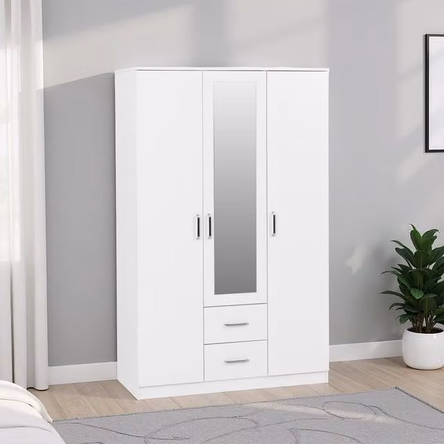Seconique Dakota 3 Door 2 Drawer Mirrored Wardrobe in White