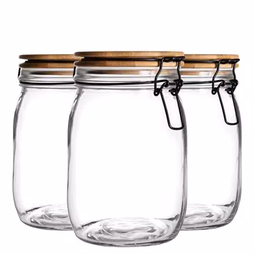 Argon Tableware Glass Storage Jars with Airtight Wooden Clip Lids, 1 Litre, Pack of 3, White and Transparent