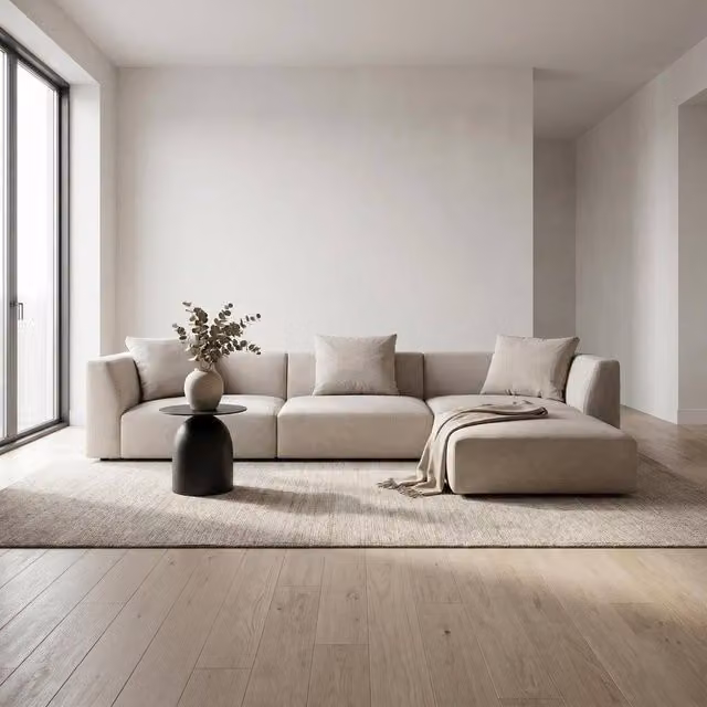 Abakus Direct Tokyo Large L-Shape Corner Sofa in Beige Brushed Tweed Fabric with Deep Seats