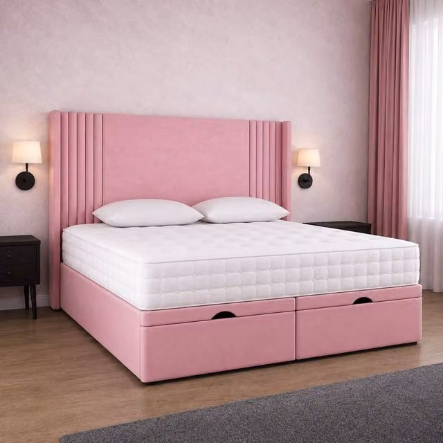 Soft Snooze Beds Oxford Winged Divan Ottoman Bed in Pink Velvet, W/D/H: 180 x 200 cm