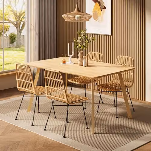 VonHaus Richmond Set of 2 Rattan Effect Dining Chairs with Black Metal Legs in Brown, Beige and Black – 2