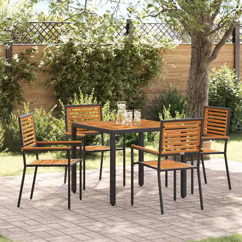 Berkfield Home Modern 5 Piece Black Poly Rattan and Acacia Wood Garden Dining Set – 2