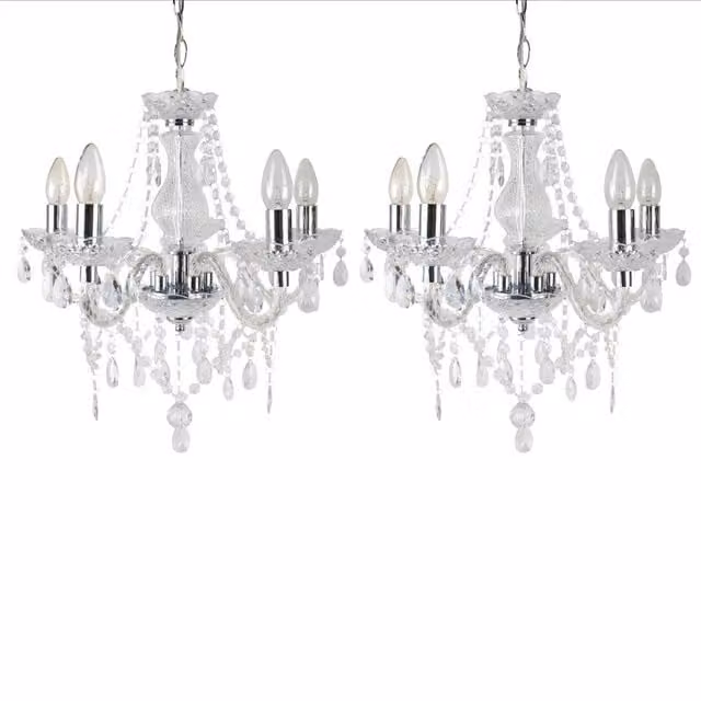 First Choice Lighting Set of 2 Marie Therese Style Chandelier, Chrome and Transparent Glass, 5 x E14 Bulb, Height Adjustable and Dimmable
