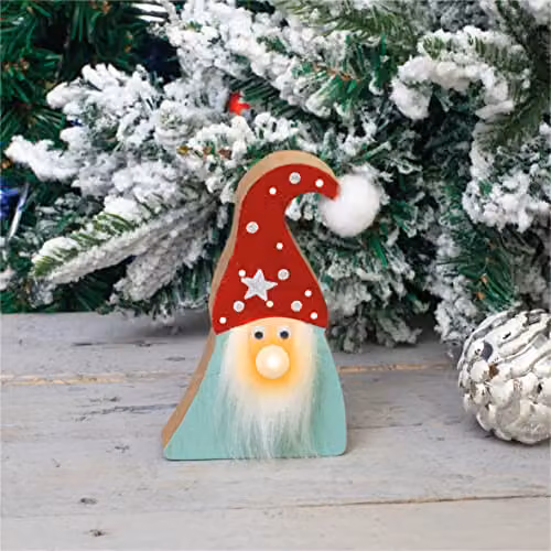 St Helens Home & Garden Brown Wooden Gonk Christmas Decoration with Light Up Nose and Fluffy Beard