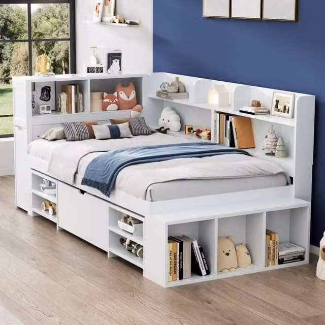 BTM Modern White Single Bed with Drawers and Bookcase, W/D/H: 90 x 190 x 109 cm
