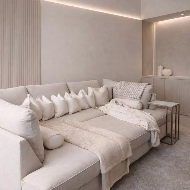 Home & Love Carnaby Cinema U-Shape Corner Sofa in Naples Cream with Matching Ottoman and Scatter Cushions – 1