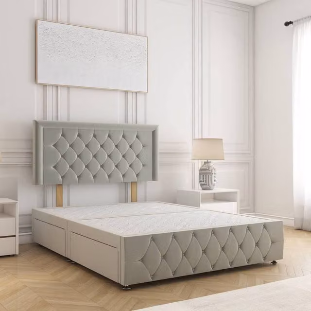 BSSPOKE Lena Plush Velvet Super King Divan Bed with 24 inch Headboard and 4 Drawers in Silver