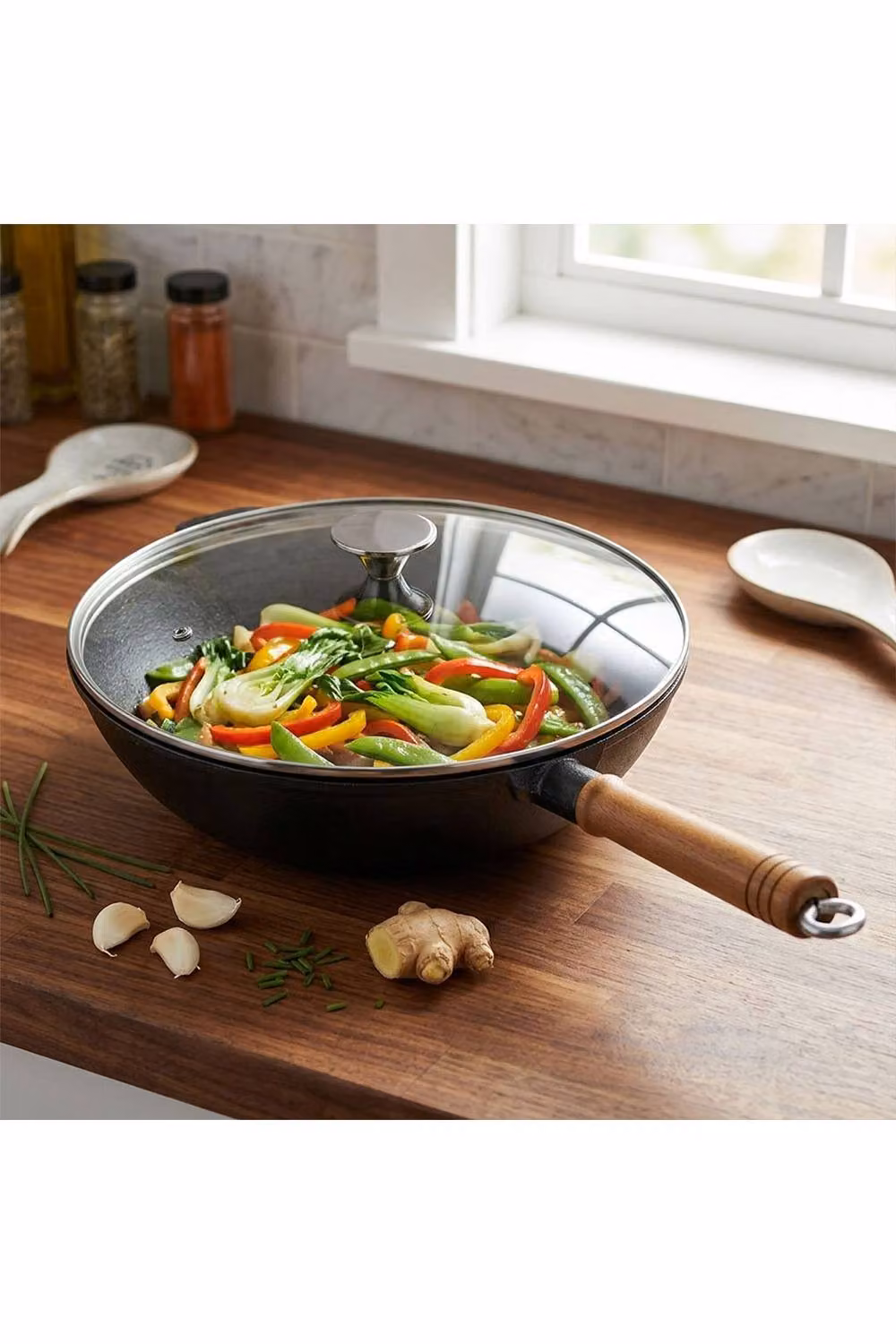 Living and Home Uncoated Cast Iron Wok with Glass Lid and Handles in Black – 3