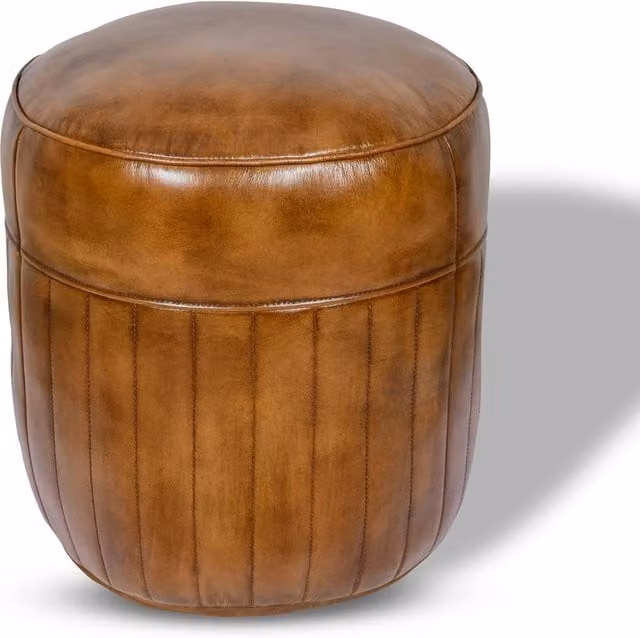 Elm Home And Garden Genuine Leather Round Pommel Footstool Ottoman in Tan Brown