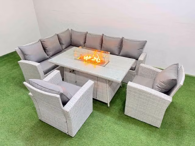 Fimous Rattan Corner Sofa Chair Set with Gas Fire Pit Table and Tempered Glass in Light Grey