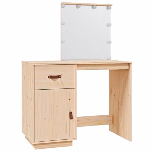 vidaXL Dressing Table with LED in Beige Solid Pine Wood, W/D/H: 95 x 50 x 133.5 cm