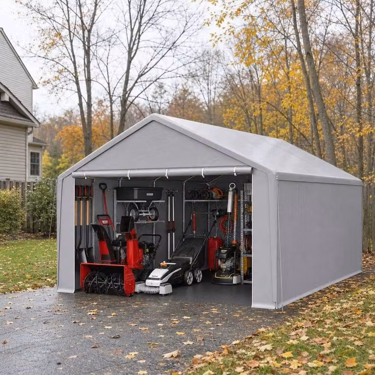 FLAVORA Grey Carport Canopy and Garden Storage Shed with Gable Roof and Window