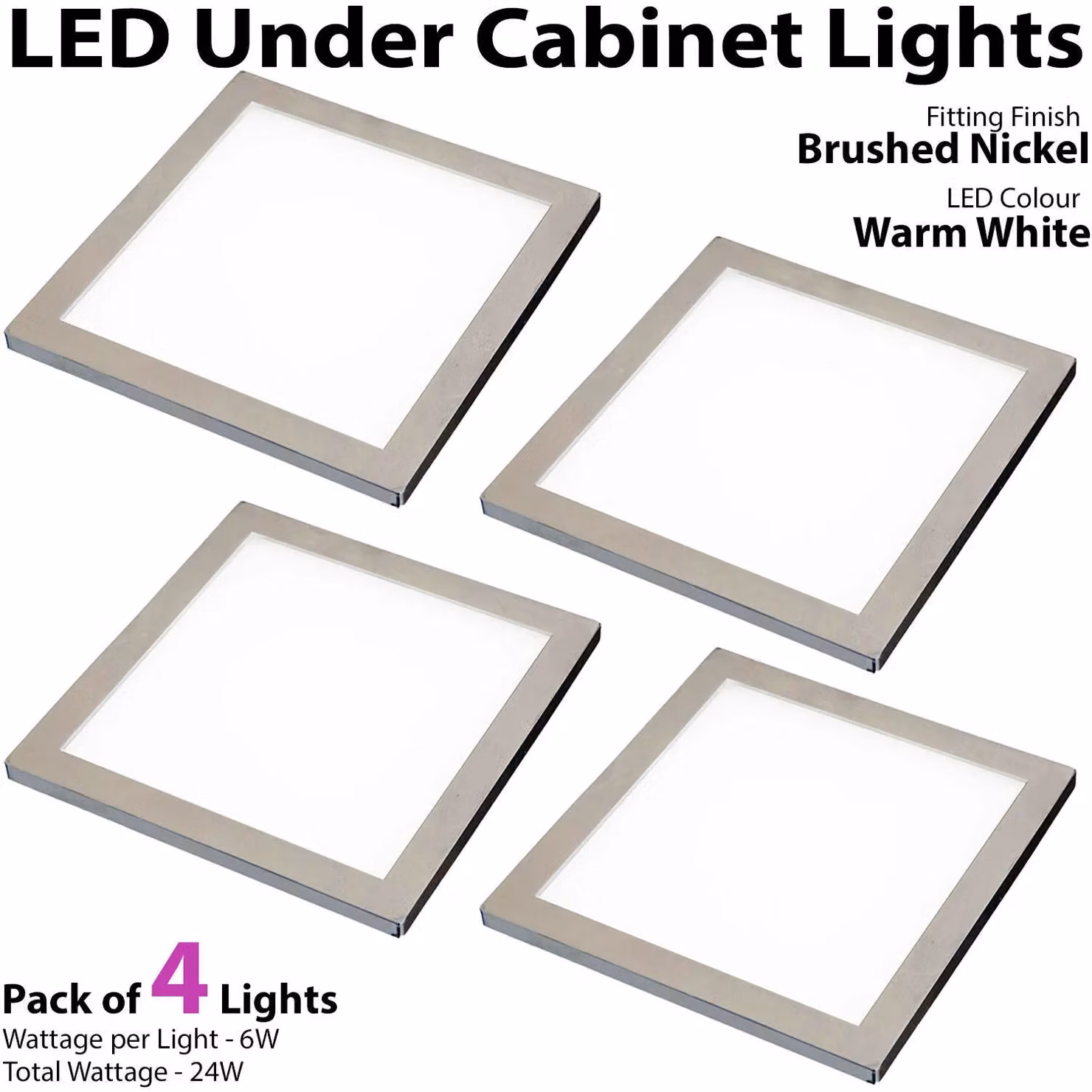 Loops 4x Brushed Nickel Ultra-Slim Square Under Cabinet Kitchen LED Light and Driver Kit in Silver with Warm White Light – 3