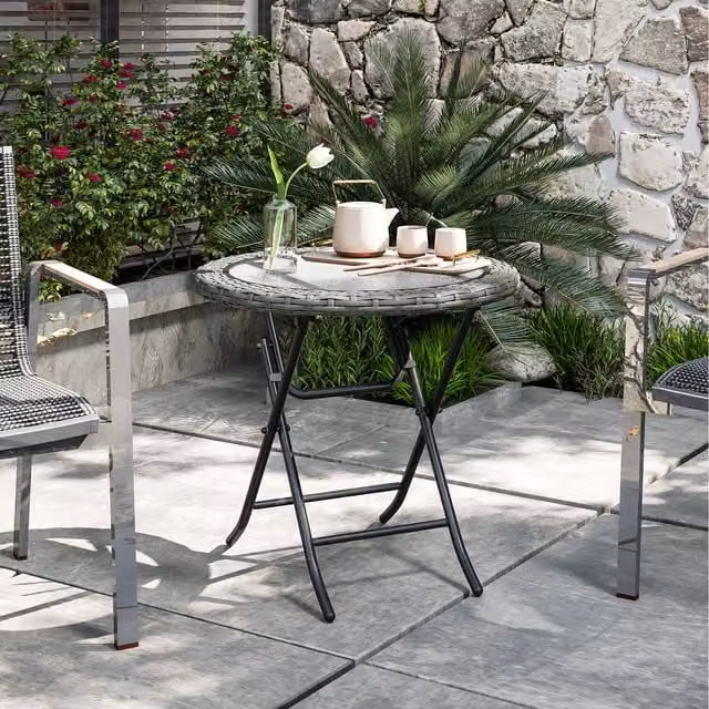 Outsunny Folding Round Tempered Glass and Metal Table in Grey