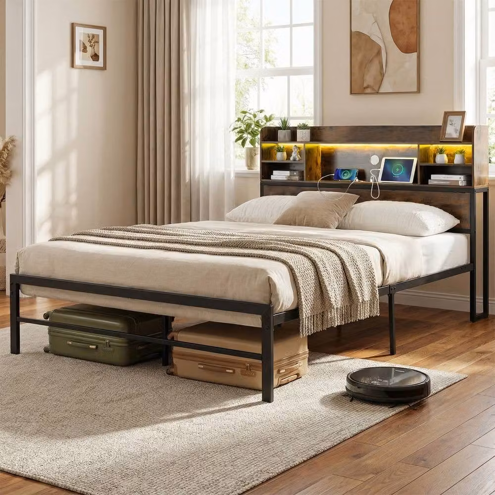 Costway Double Size Metal Bed Frame in Brown with LED Lights, USB Charging Port and Side Compartments, W/D/H: 140 x 200 cm – 11