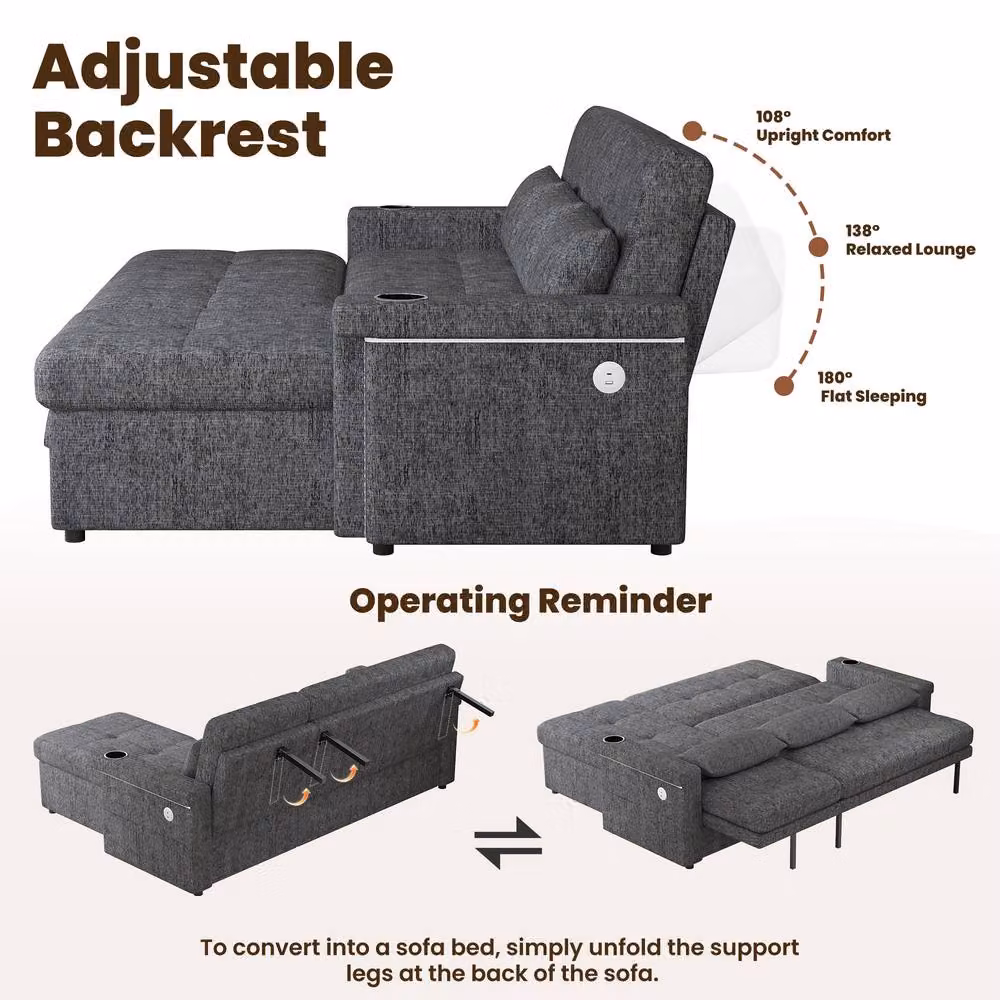 FENCHILIN Grey L-Shape Corner Pull-out Sofa Bed with LED Lighting and Adjustable Headrest – 4