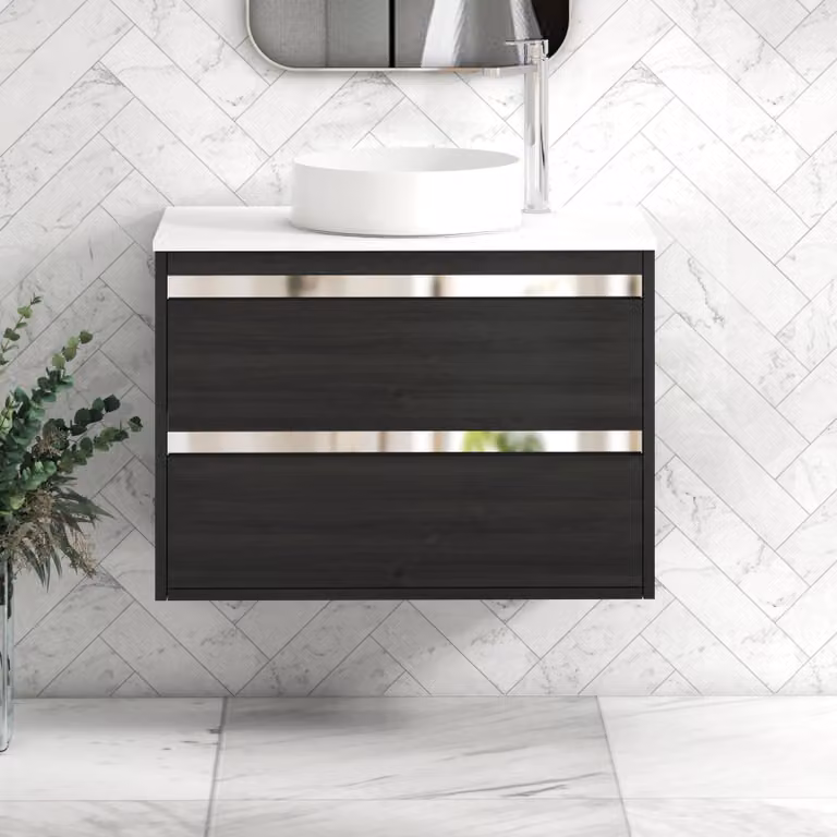 Royal Bathrooms Orion 800mm Hale Black Wall Hung Vanity Unit with 2 Drawers and Plain White Undrilled Worktop