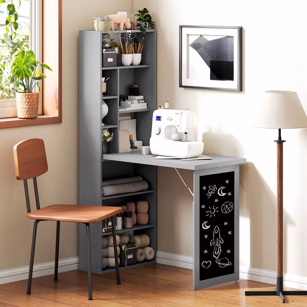 Rolipo Grey Folding Convertible Computer Desk with Blackboard and Side Shelf – 11