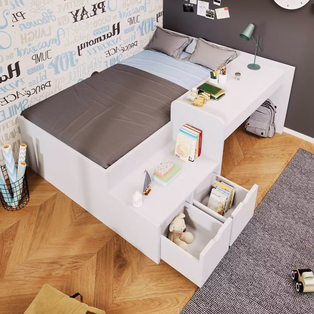 Rolipo Kids Single Bed with Desk and Storage Drawers, White, W/D/H: 90 x 190 cm – 4