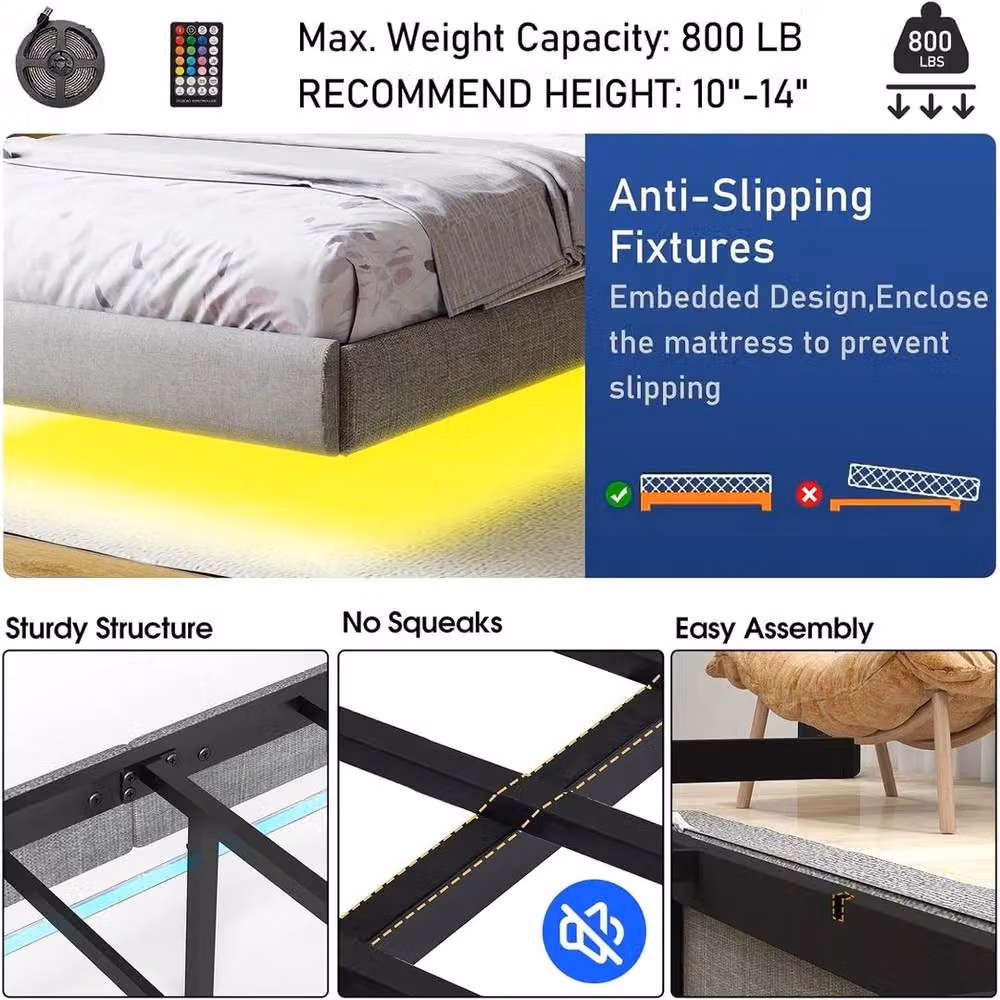 NESTLUNE Heavy Duty Steel Slat Platform Bed Frame with Under-Bed LED Lighting, Grey, W/D/H: 90 x 190 cm – 4