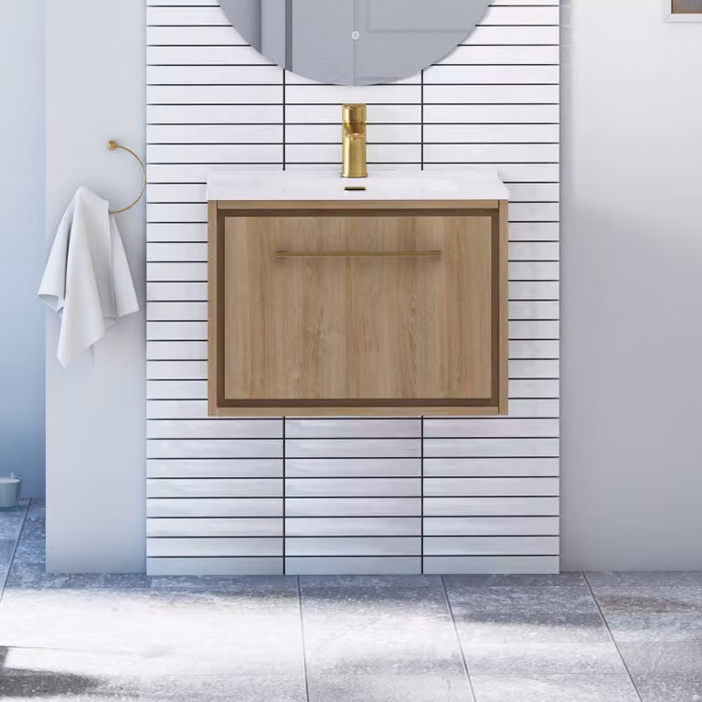 Livora 600mm Natural Oak Wall Hung Bathroom Vanity Unit with Ceramic Basin and Brushed Brass Handle