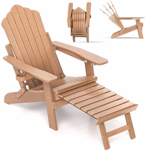 Costway Brown HIPS Garden Lounge Adirondack Chair with Retractable Footrest – 1
