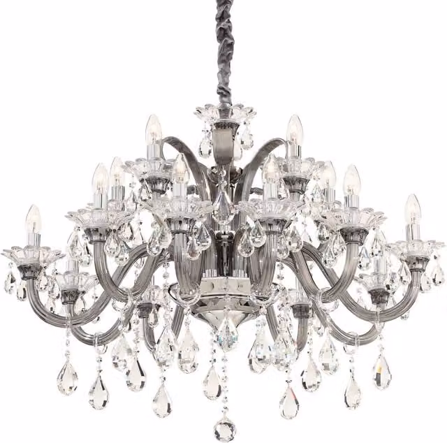 Ideal Lux Colossal 15-Light Chandelier in Grey with Smokey Glass and Crystal Details, E14