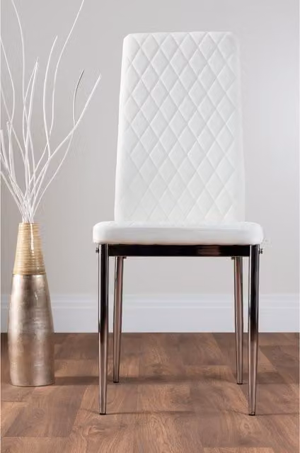 FurnitureboxUK Palma White Marble Effect Round Dining Table and 4 White Milan Chrome Leg Chairs