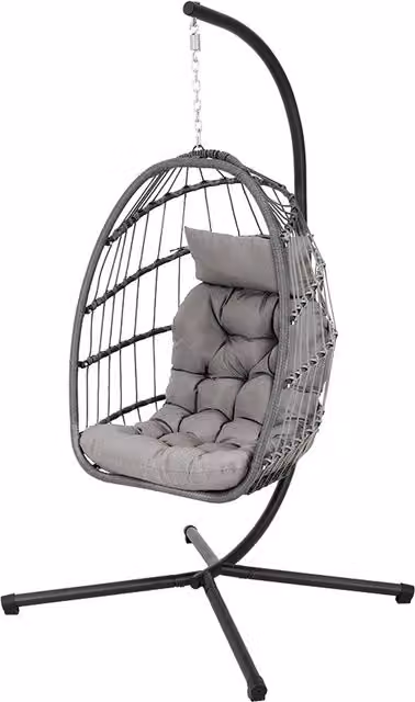 Livingandhome Modern Rattan Garden Hanging Egg Chair with Soft Grey and Black Cushions